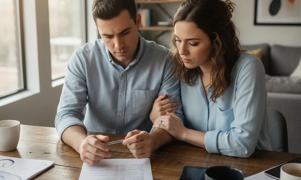 Couple thoughtfully reviewing iQRATE Mortgages loan guide.