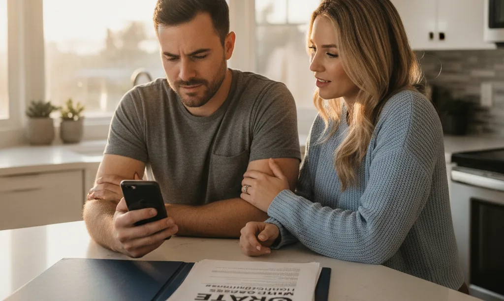 Military couple reviews PCS orders in San Diego home.