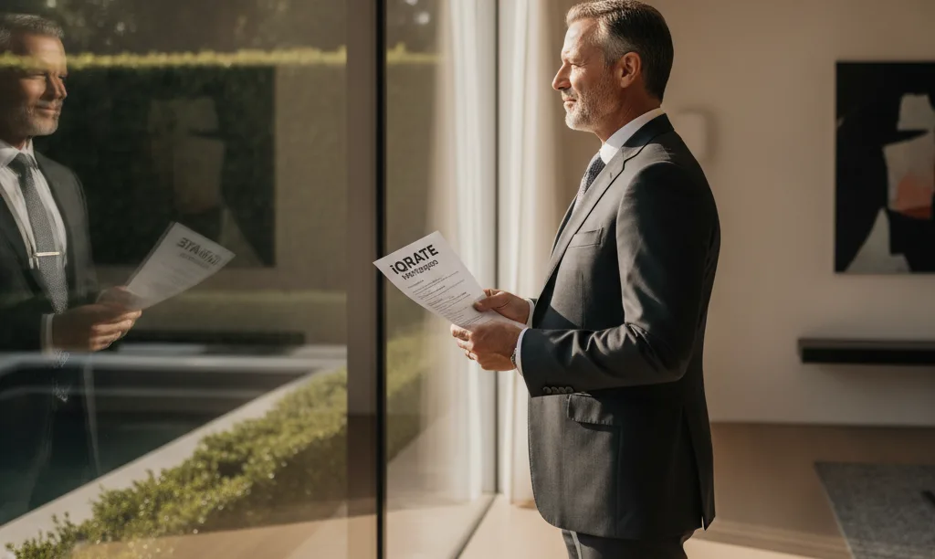 Man reviewing mortgage documents in luxury home.