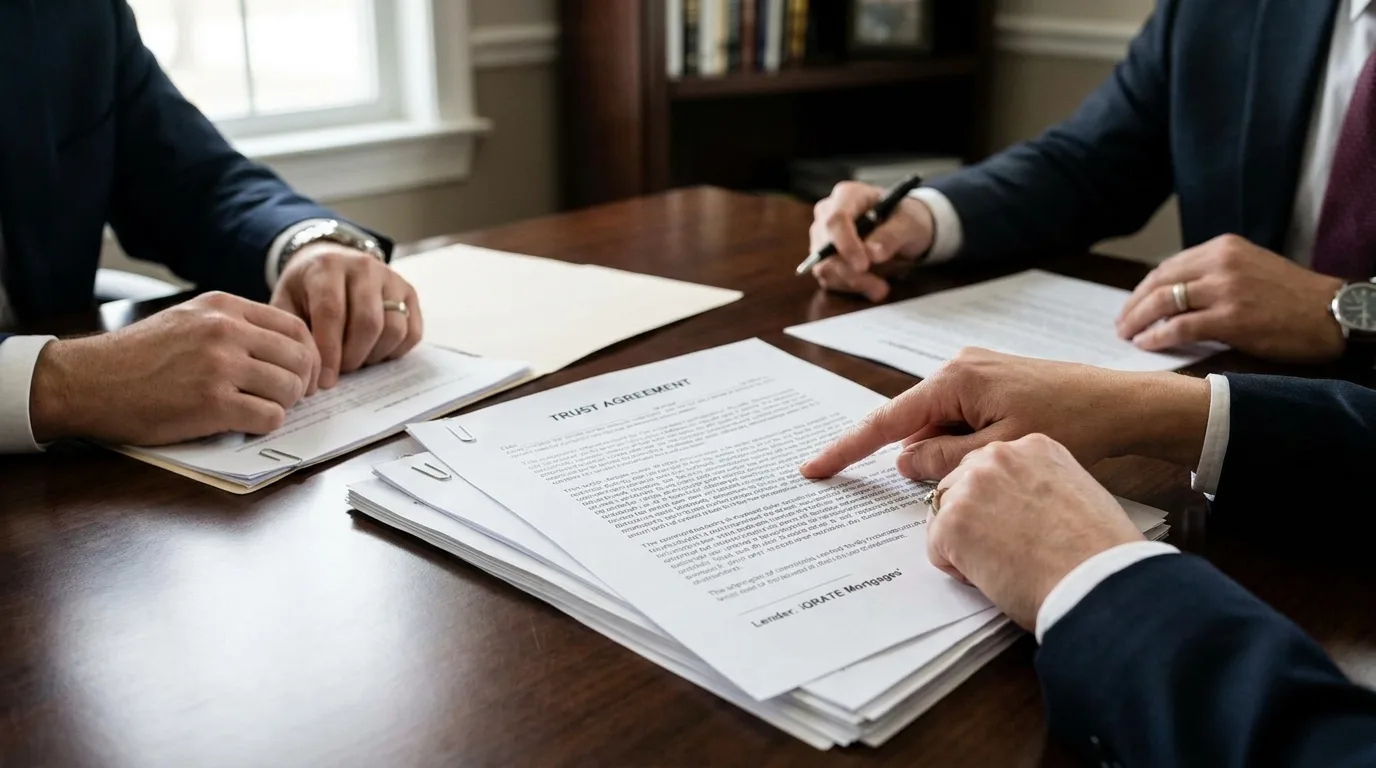 A formal office setting where documents for a jumbo loan are being reviewed