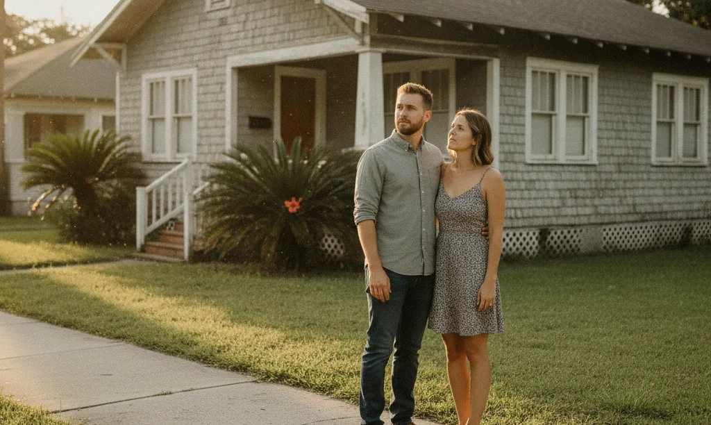 Couple looking thoughtfully at an older Florida home.