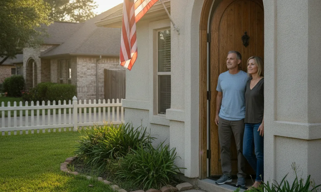 Veteran couple standing proudly in their new Texas home.