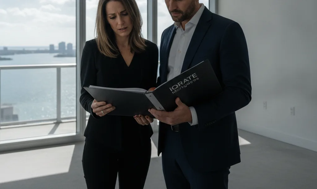 Couple looks worried reviewing HOA rules in Miami.