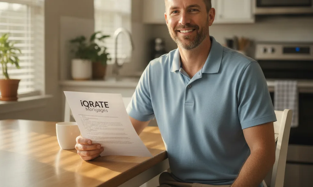 Relieved veteran reviews iQRATE Mortgages VA loan documents.