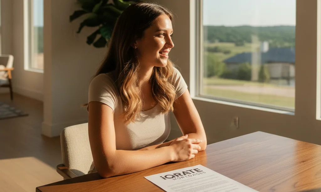 Homebuyer feeling hopeful with iQRATE Mortgages document.