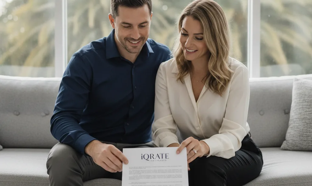 Confident couple reviewing iQRATE Mortgages document at home.