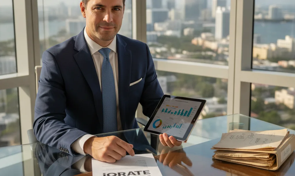 Mortgage expert analyzing real-time finance data in Miami.