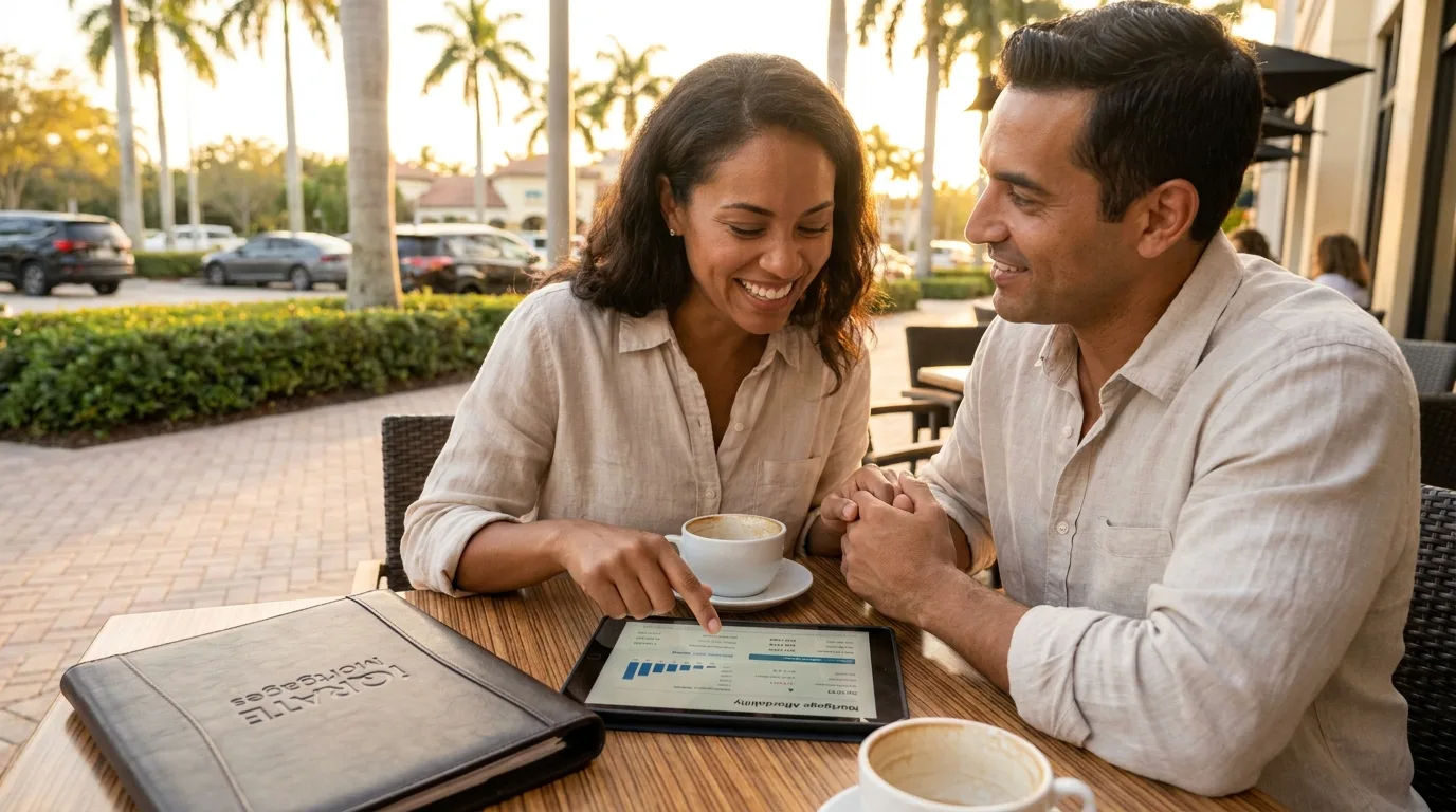 A data-driven real estate agent presenting market insights to sellers during a listing presentation.