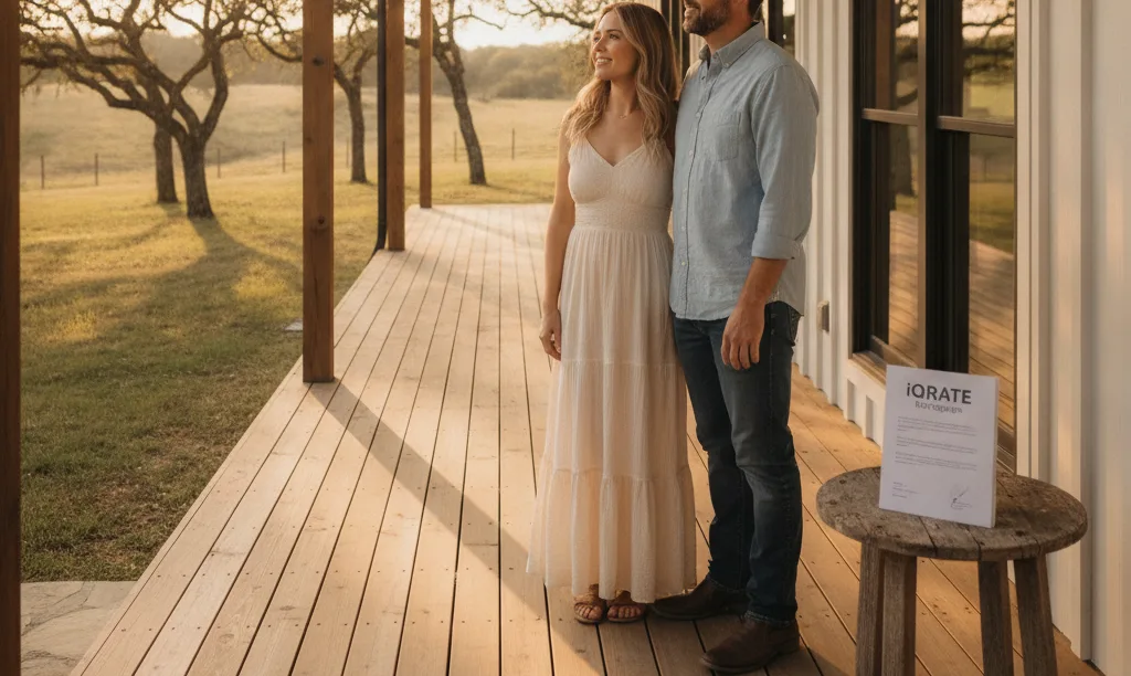 Couple on Texas farmhouse porch with iQRATE Mortgages document.