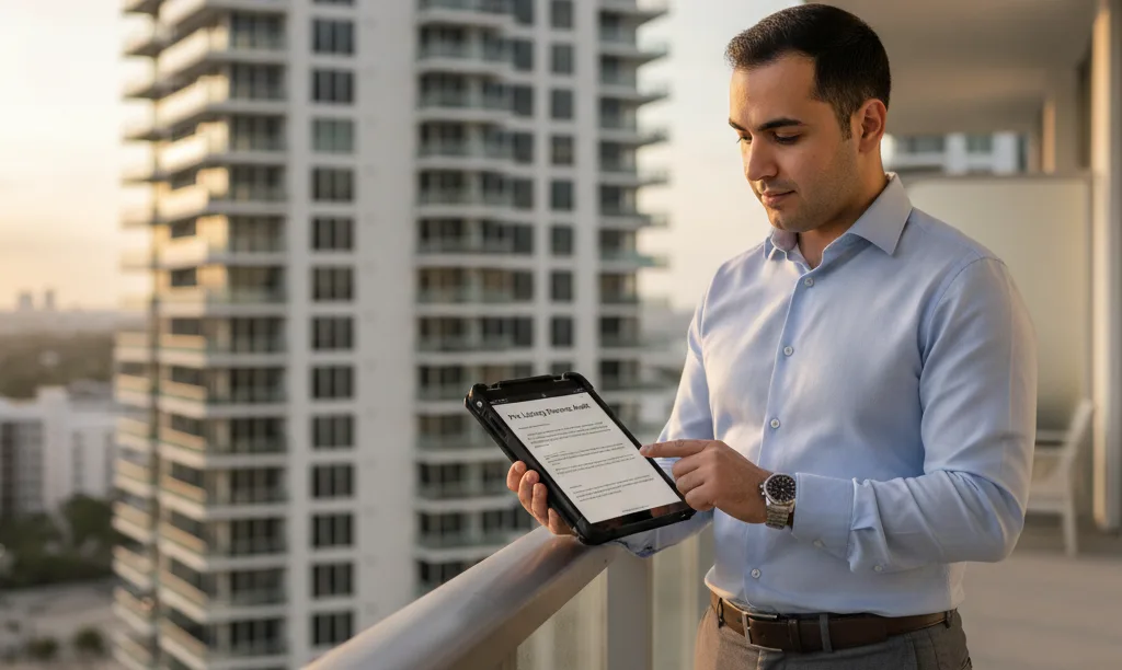 Mortgage expert reviews finance audit on Miami balcony.