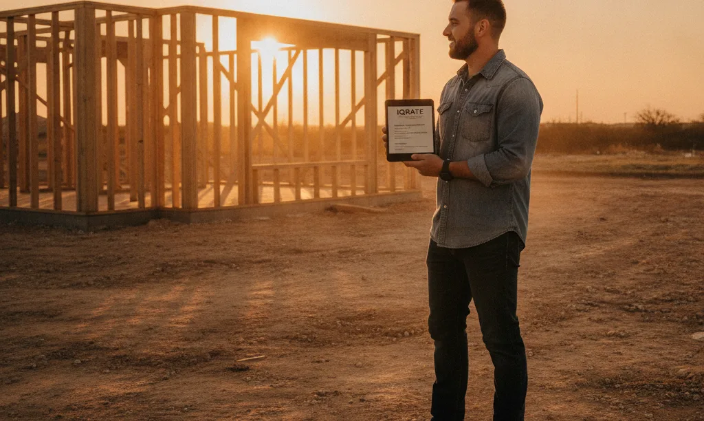 Active-duty service member reviews iQRATE Mortgages document at Texas new build site.