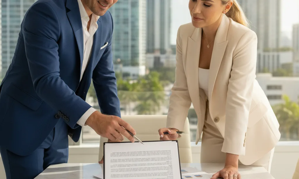 Two partners reviewing an iQRATE Mortgages agreement.