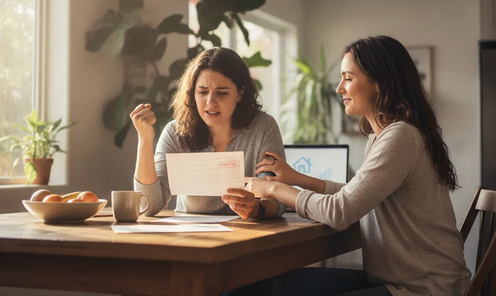 Couple thoughtfully discusses a mortgage denial letter.