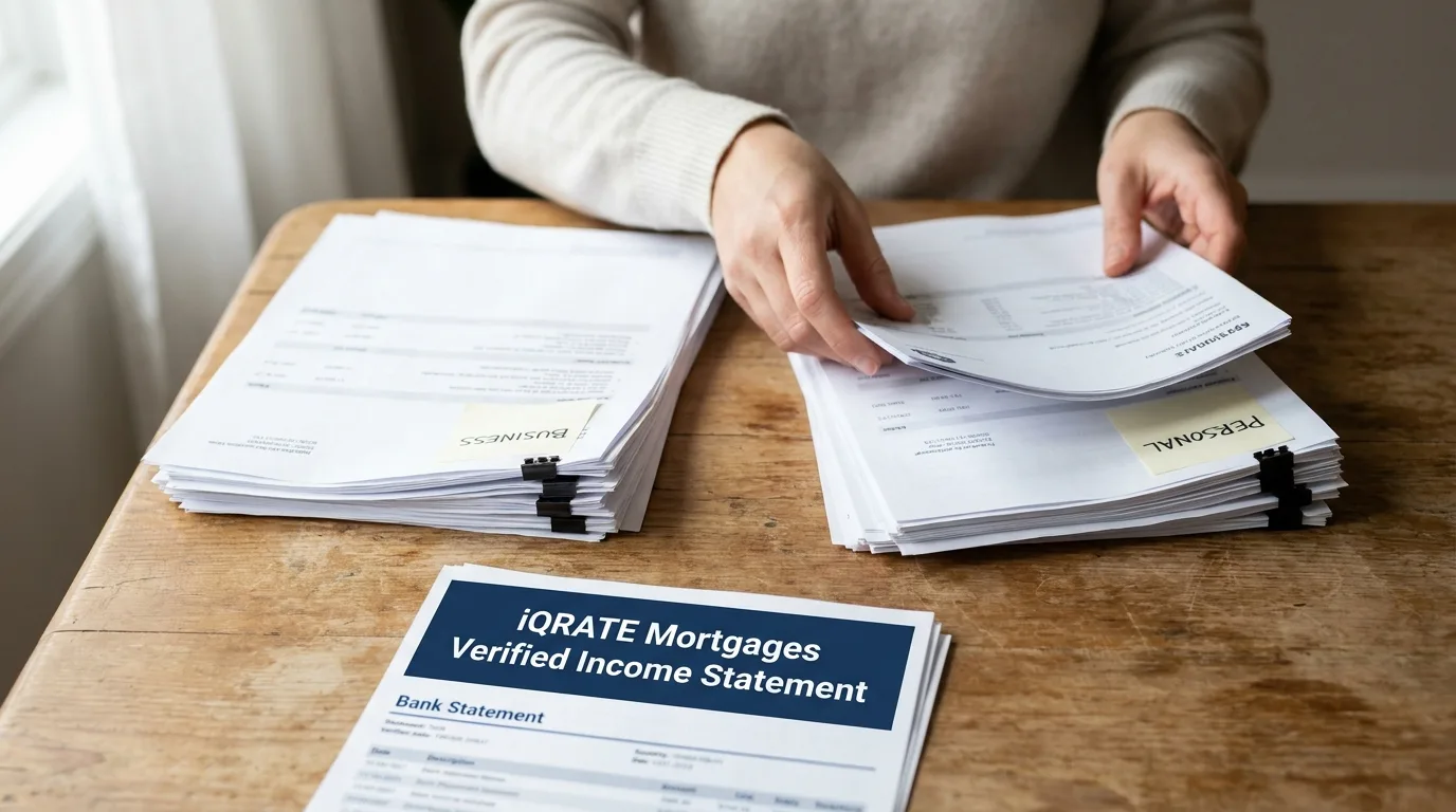 A self-employed business owner organizing finances on a laptop to prepare for a mortgage application.
