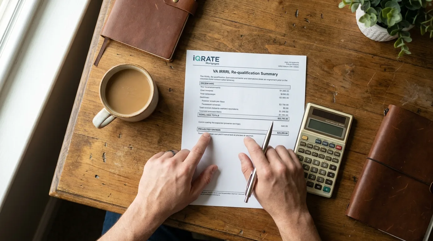 Veteran reviewing financial documents to requalify for a VA loan on their sole income.