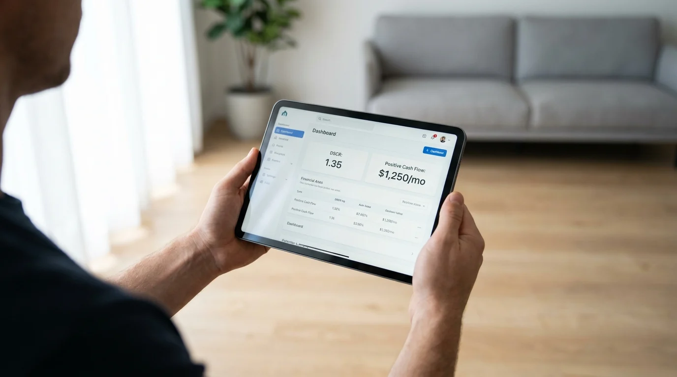 Calculator and documents illustrating the DSCR loan calculation process.