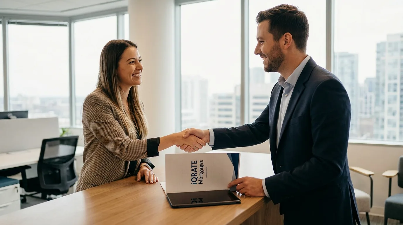 A private banker discussing financing options with a client in an office.