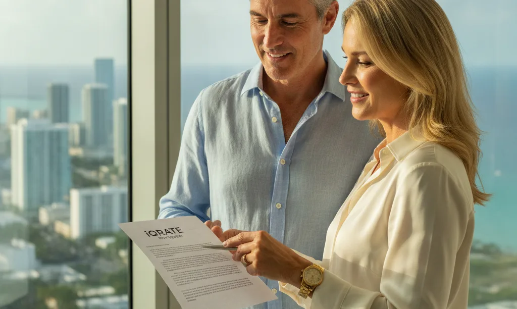 Couple reviewing iQRATE Mortgages documents in Miami.