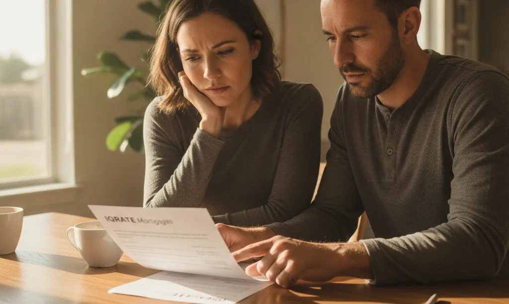 Couple discussing iQRATE Mortgages loan document at home.