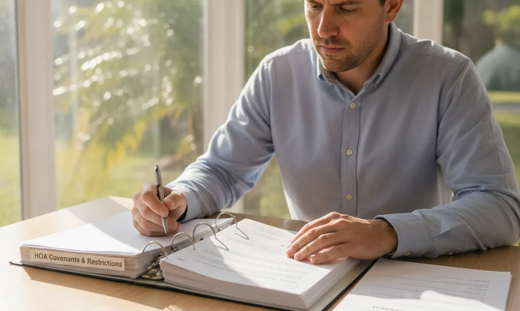 Investor reviewing HOA rules with iQRATE Mortgages documents.