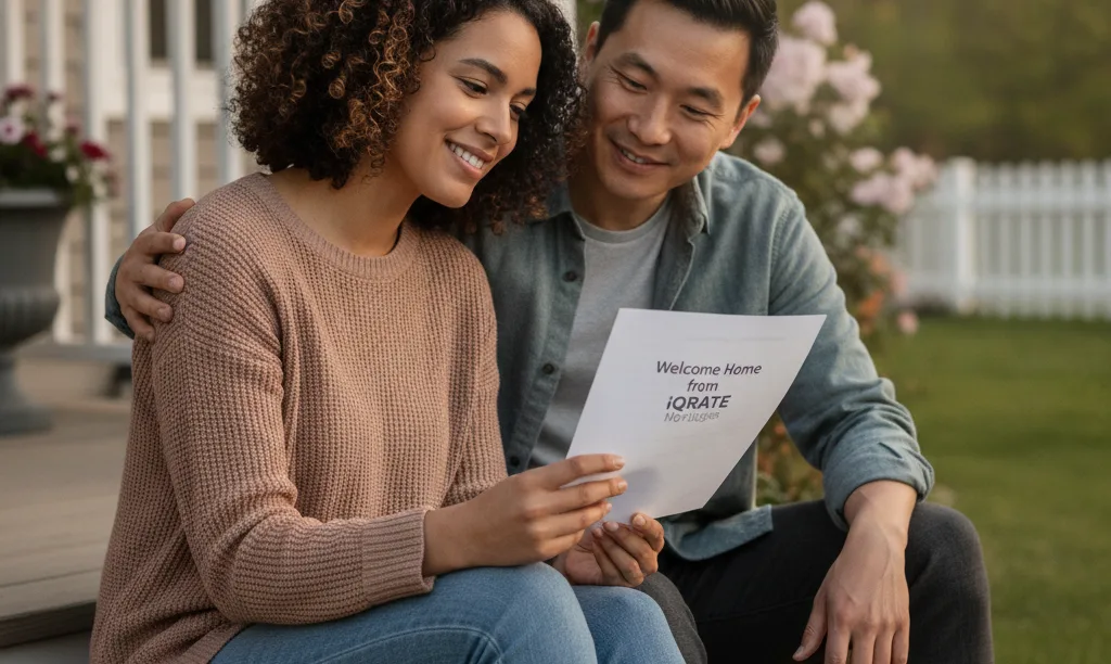 Couple reviewing iQRATE Mortgages document on porch.