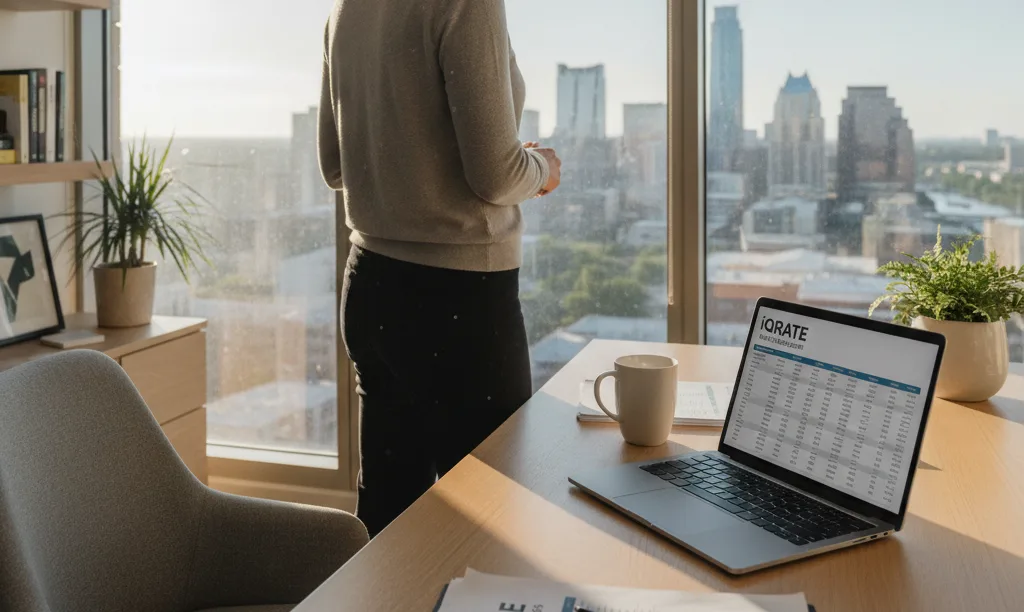 Confident Texas entrepreneur reviewing iQRATE Mortgages documents.