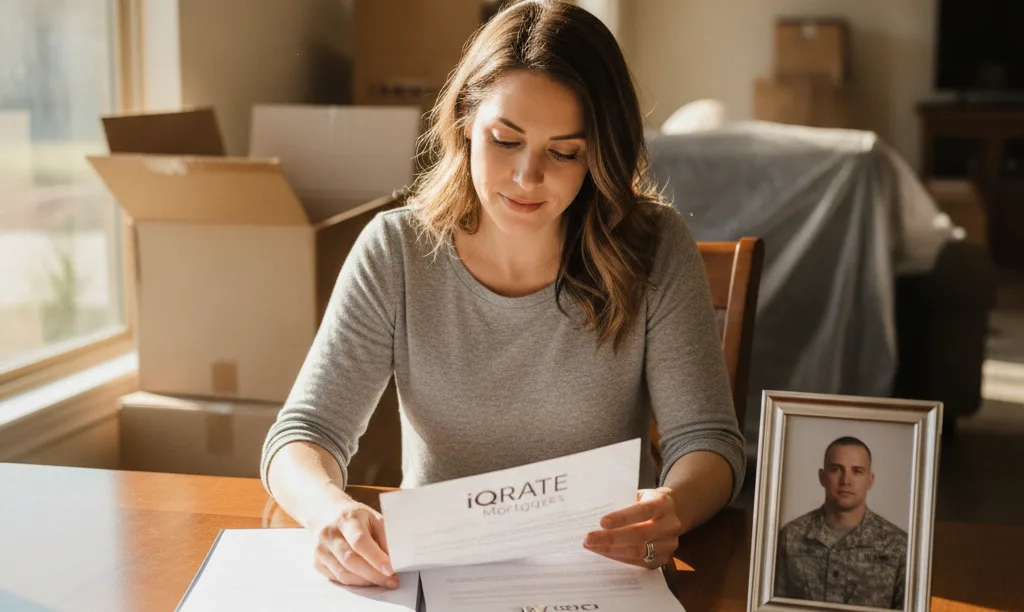 Woman reviewing iQRATE Mortgages document for VA loan.