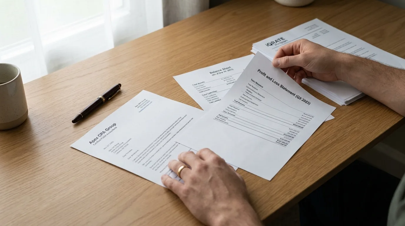 Accountant and client discussing business revenue and personal income for a mortgage application.