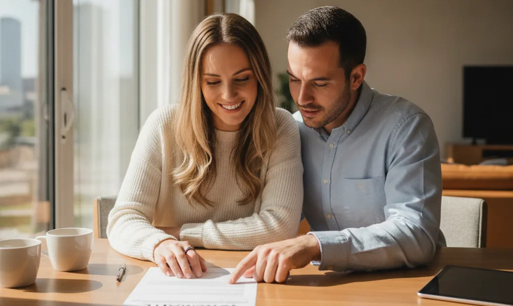 A happy couple reviewing iQRATE Mortgages refinancing papers.