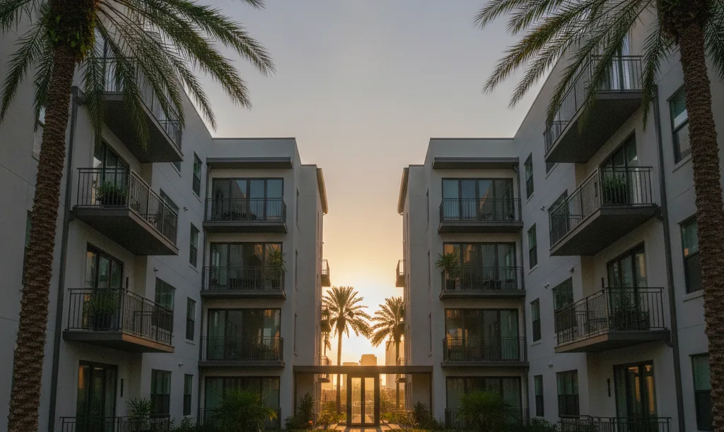 Modern multi-unit Florida investment property at sunset.