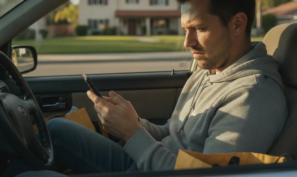 Gig worker in car worried about mortgage.