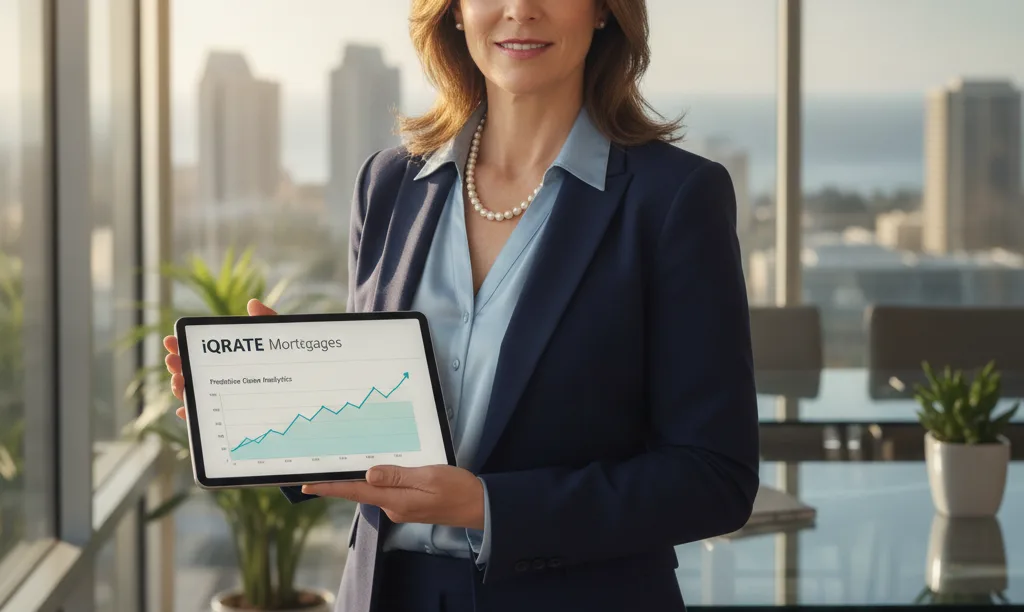 Brokerage manager using predictive mortgage analytics tablet.
