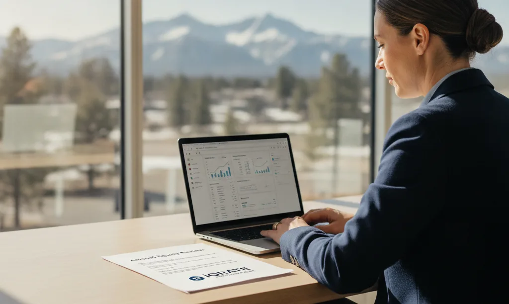 Agent in Reno office reviewing client database.