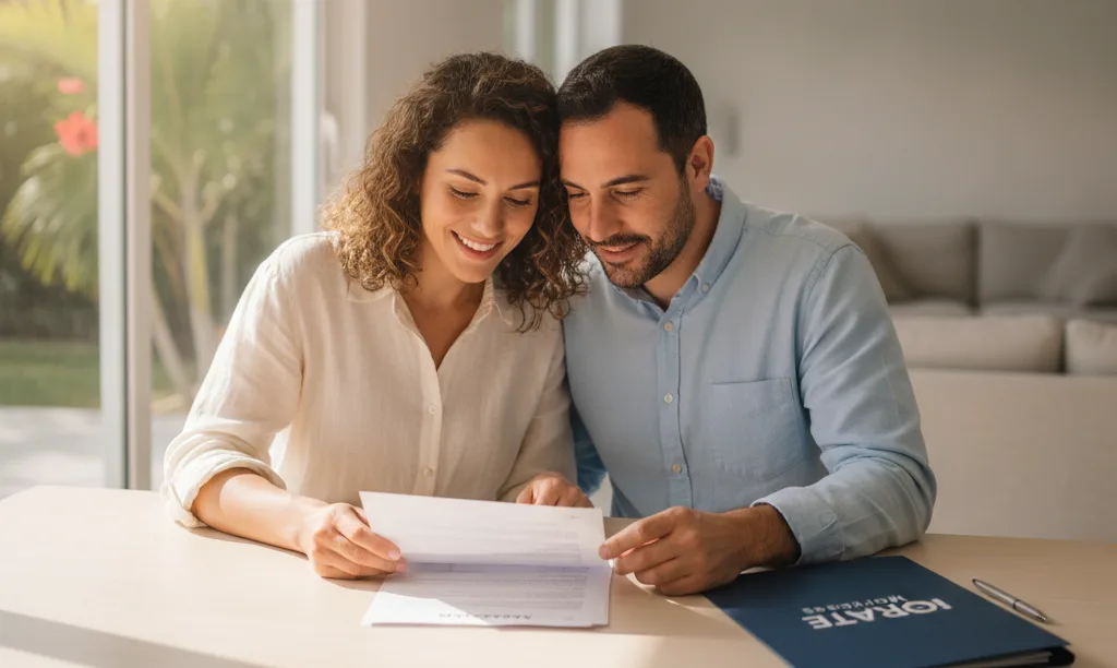 Couple reviewing high home appraisal with iQRATE Mortgages.