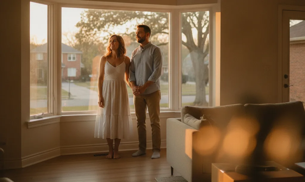 Hopeful couple celebrating homeownership in their new Dallas home.