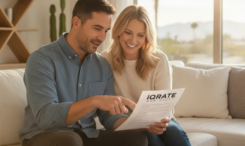 Unmarried couple happily reviewing iQRATE Mortgages documents.