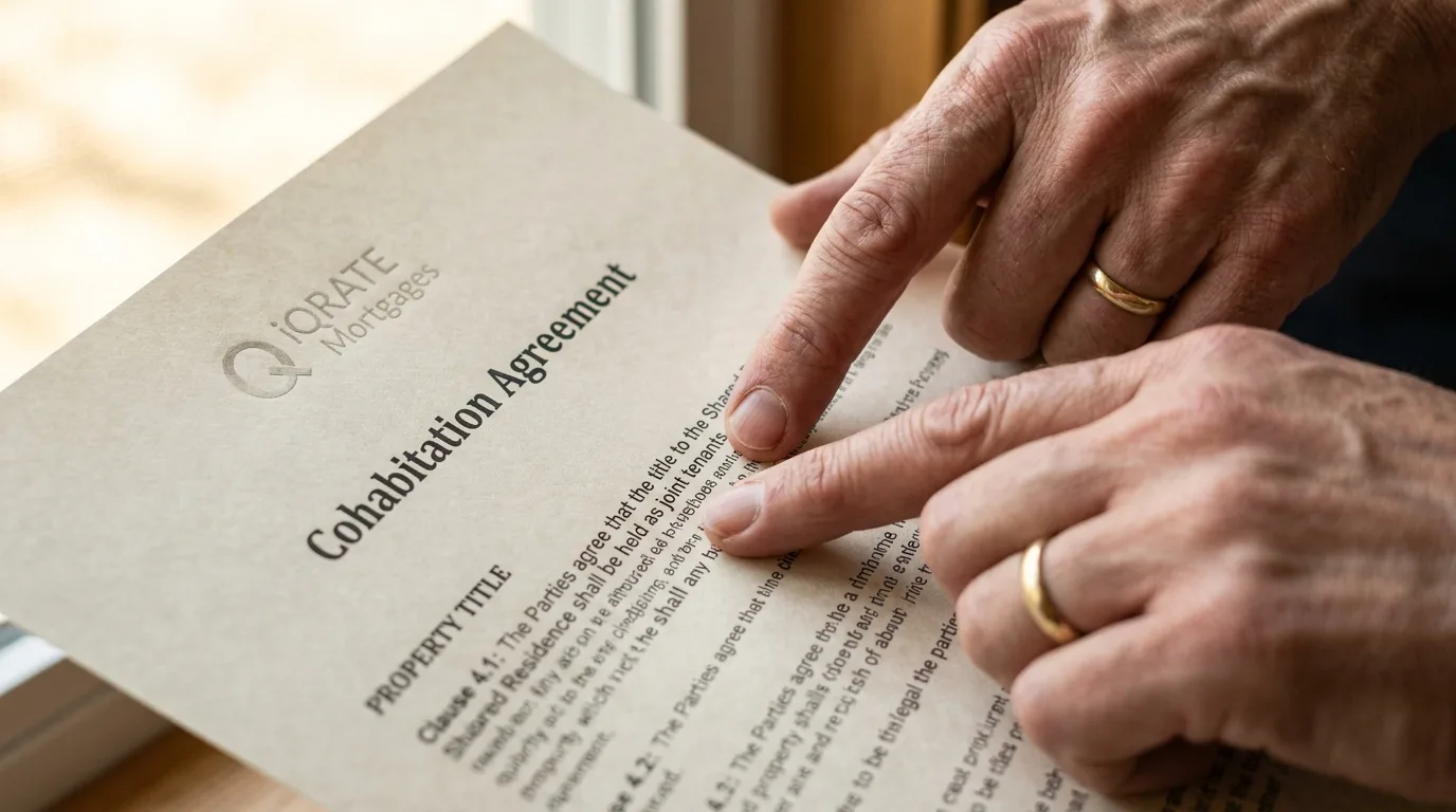 Couple reviewing legal documents for home ownership.