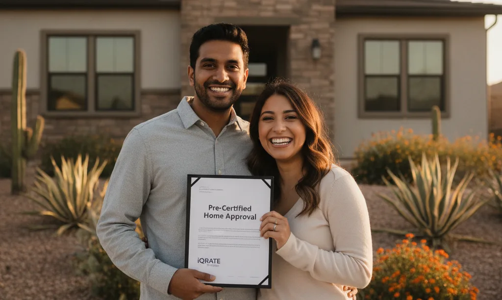 Happy couple with pre-certified approval outside home.
