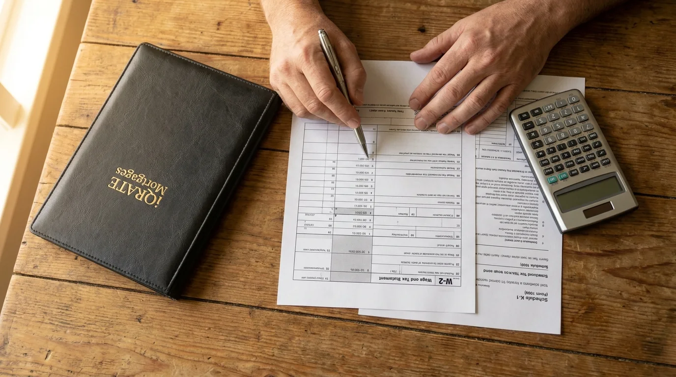 Organized stack of financial documents required for a self-employed mortgage application.