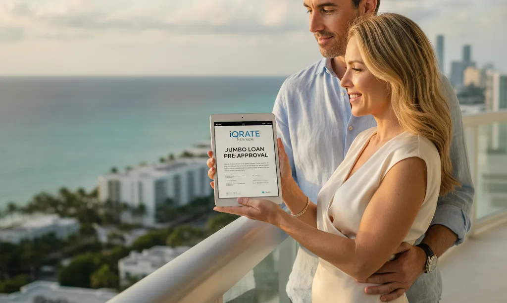 Couple on Miami balcony review iQRATE Mortgages document.