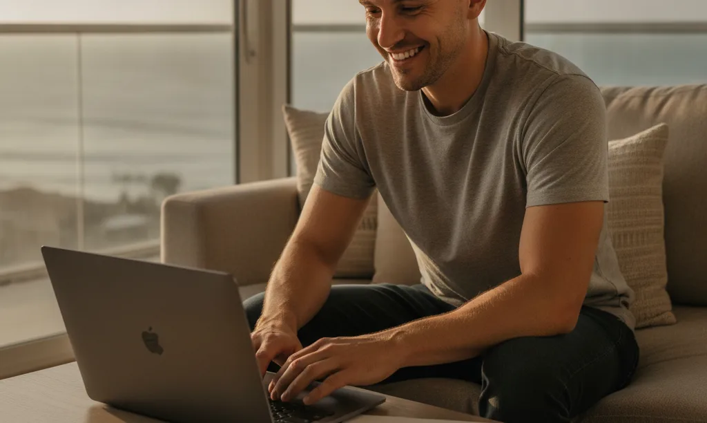 Veteran smiles at laptop in San Diego condo.