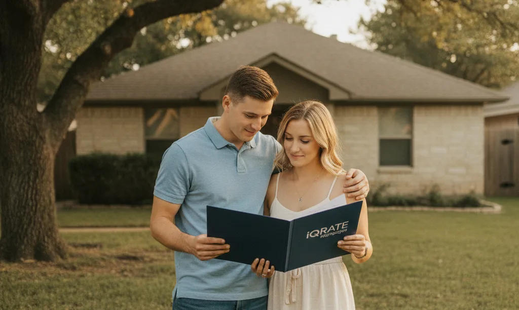 Military couple smiling with iQRATE Mortgages folder.