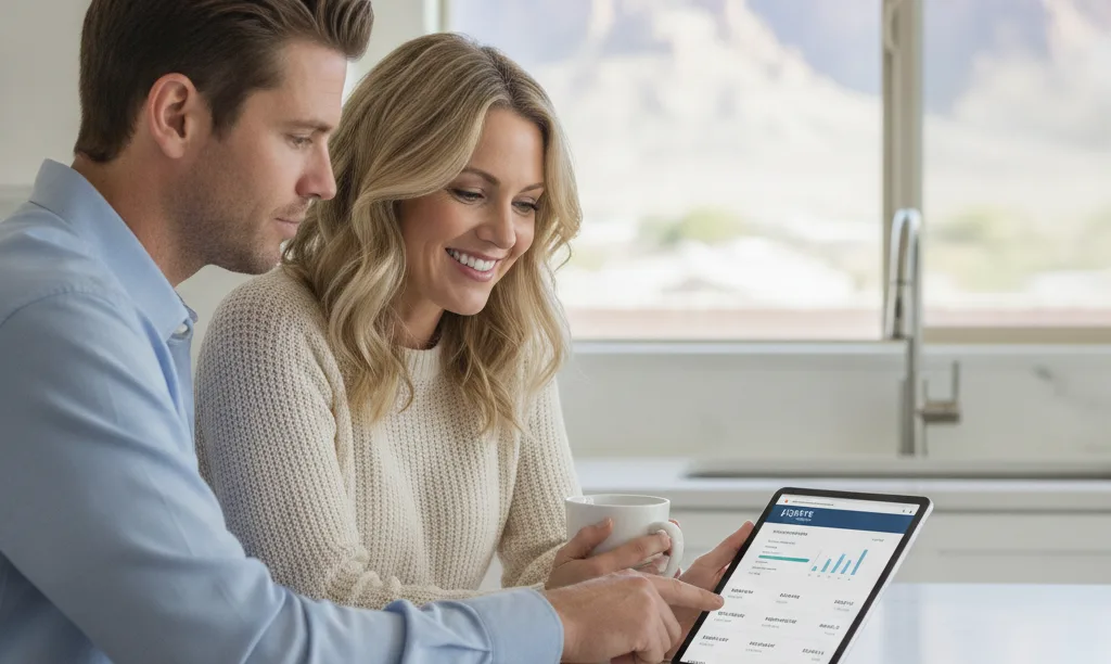 Couple confidently reviewing mortgage options in Las Vegas.