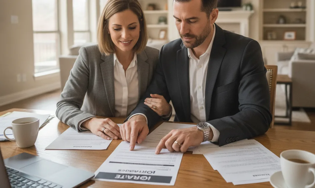 Couple reviewing iQRATE Mortgages jumbo loan documents.