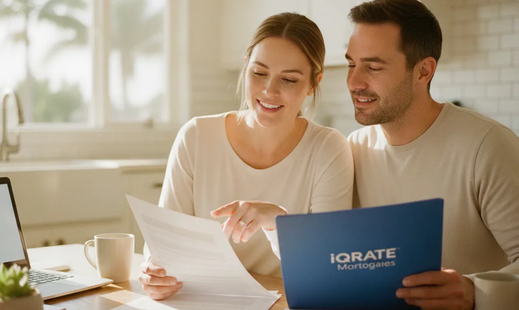 Relieved couple reviewing iQRATE Mortgages paperwork at home.