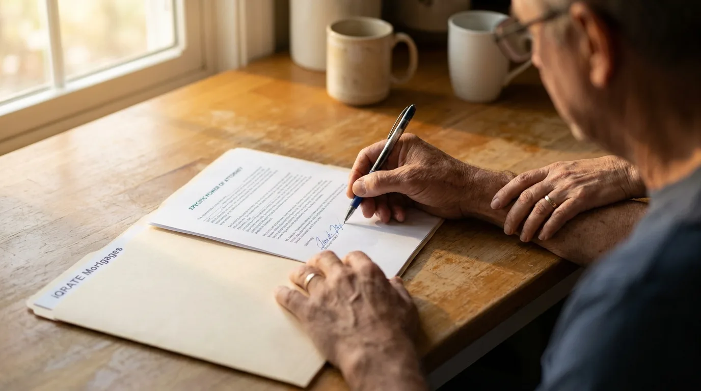 Legal documents and house key for a VA loan closing with a Power of Attorney.
