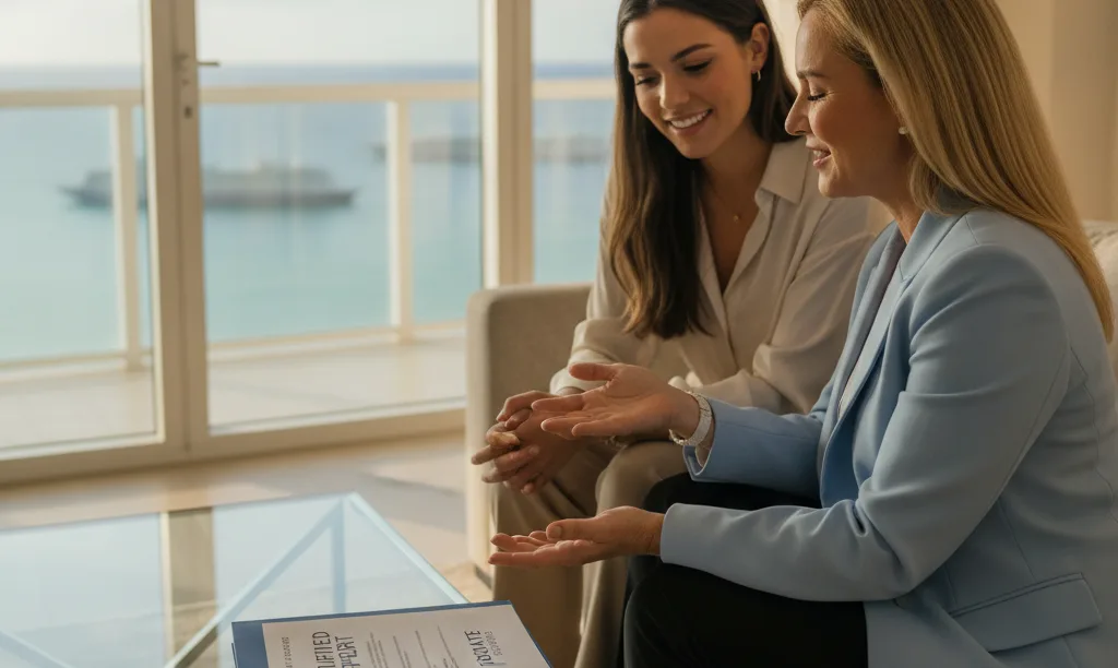 Agent showing a Certified Property Report to homeowners.