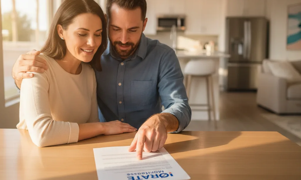 A couple confidently reviewing iQRATE Mortgages documents.