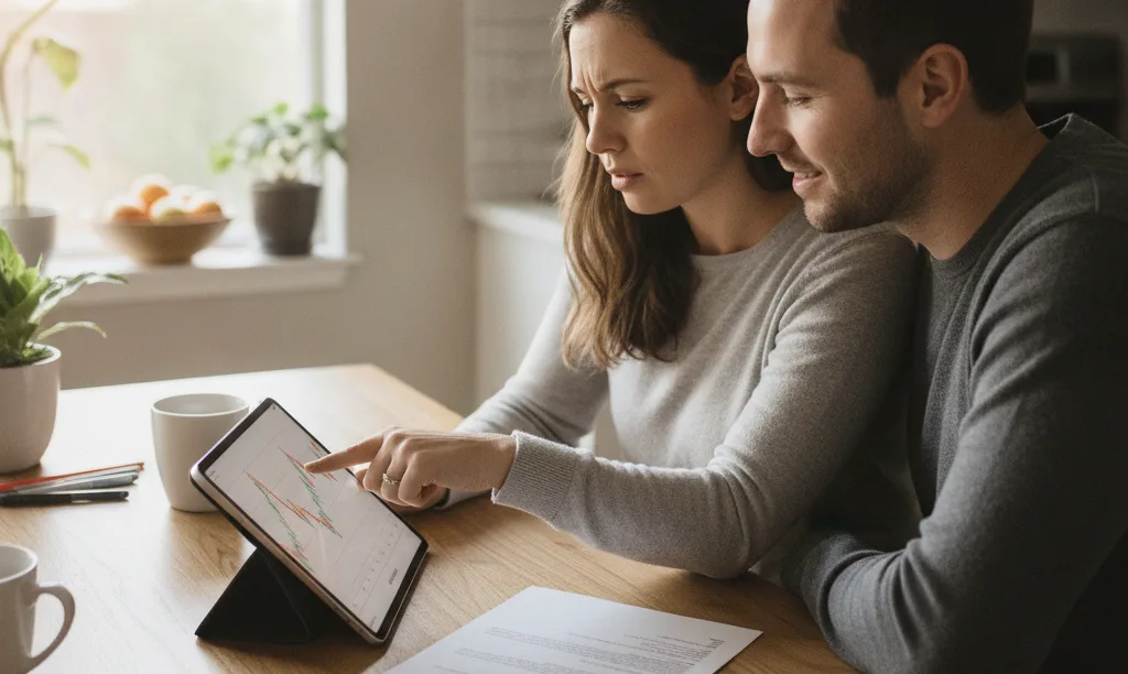 A couple reviewing their mortgage credit score drop.