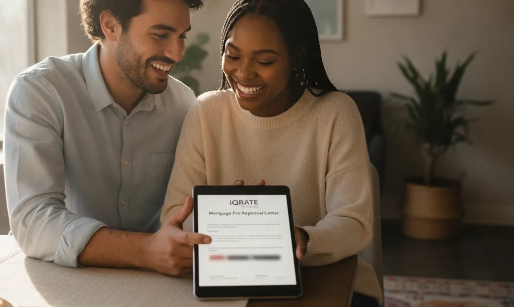 Couple reviewing iQRATE Mortgages document on tablet.